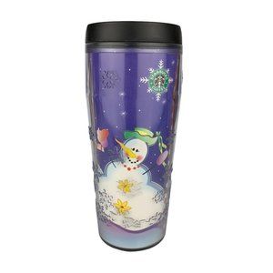 Starbucks 2001 Winter Snowman Tumbler 16oz Coffee Christmas Snow Flakes Travel L